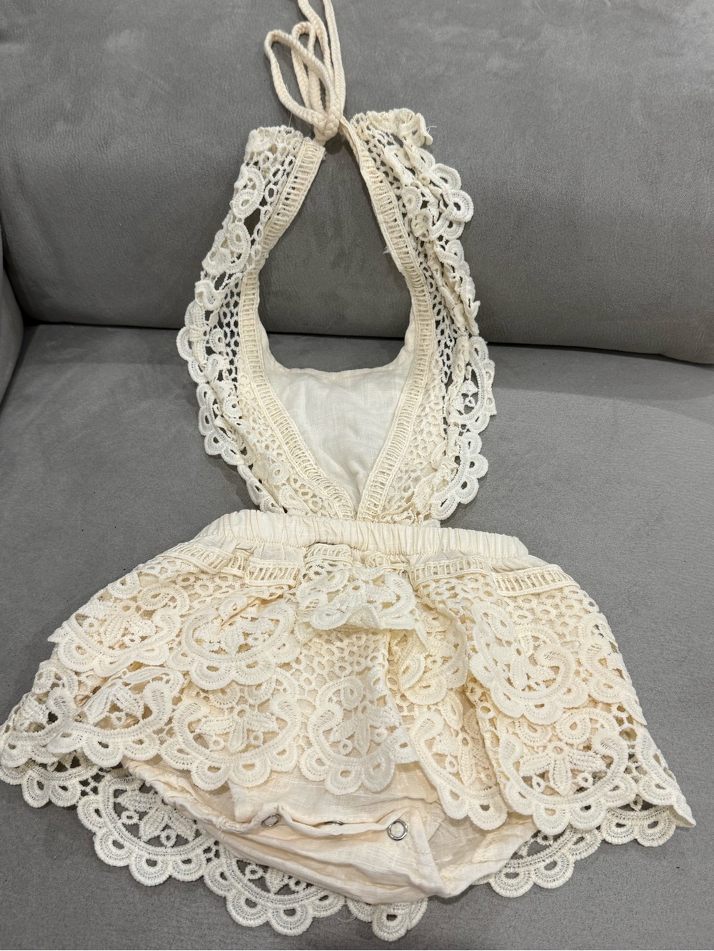 Girls Cream Crochet Halter Romper Dress